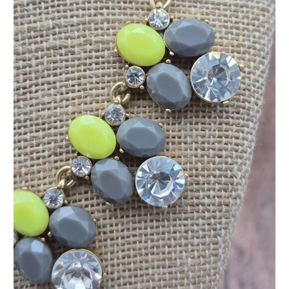 J.Crew Gold Tone Gray & Green Statement Collar Necklace Clear Crystals Bib 20" - Picture 6 of 9